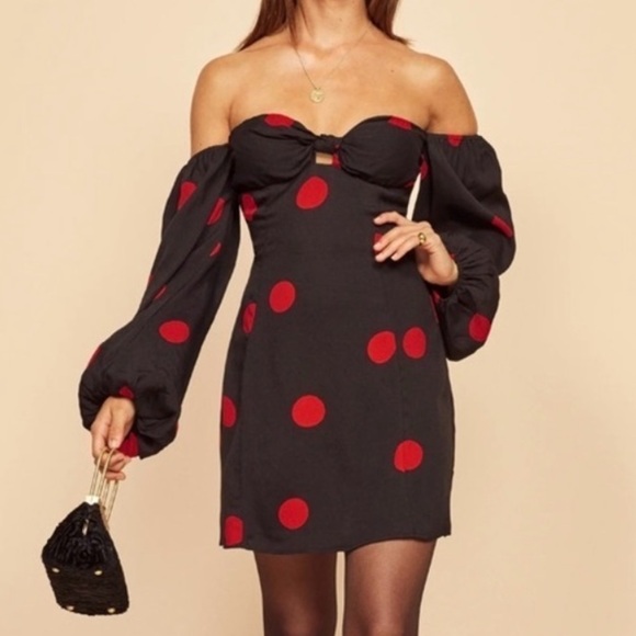 Reformation Roshay Dress Navy Red Dots - Picture 1 of 5